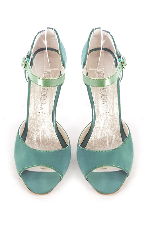 Mint green women's closed back sandals, with an instep strap. Round toe. Very high spool heels. Top view - Florence KOOIJMAN